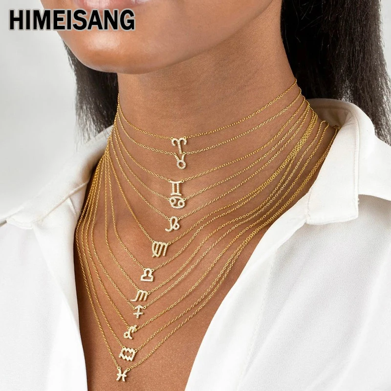 HIMEISANG Scorpio Virgo CZ Pendants  Gold Filled Cubic Zircon 12 Zodiac Constellation Chain Necklace For Women Fashion Jewelry