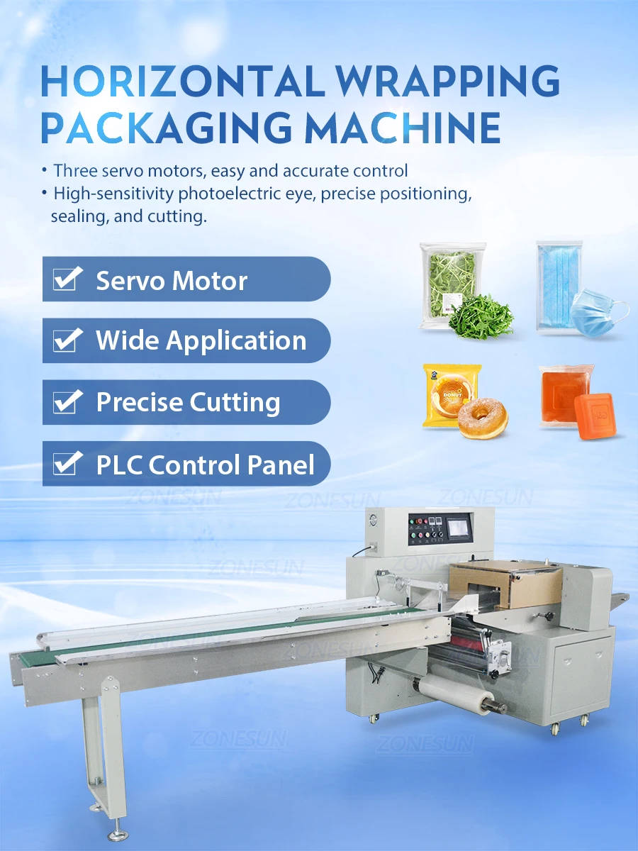 ZONESUN Horizontal Wrapping Packaging Machine Mask Biscuit Cake Candy Food Vegetable Plastic Bag Pouch Packing Production Line