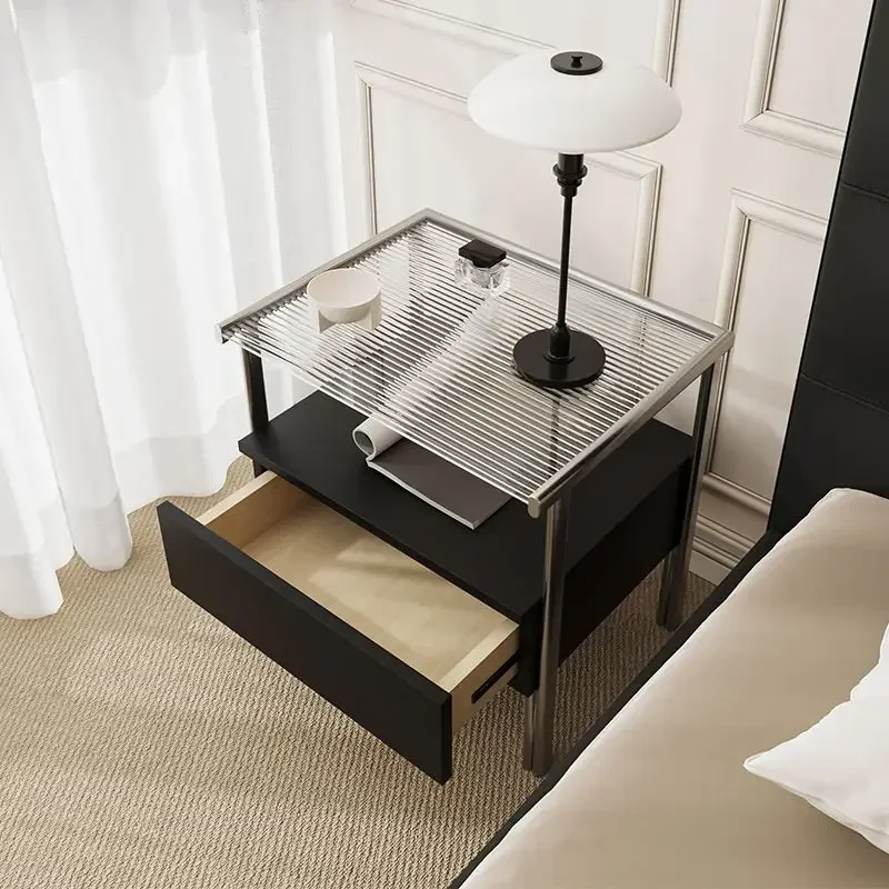 Nordic Light Luxury Stainless Steel Large-capacity Storage Bedside Table Bedroom Home Bedside Creative Glass Storage Locker