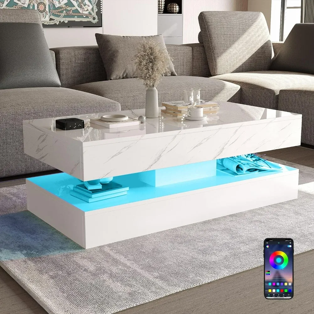 

LED Coffee Table with 2 Storage Drawers, High Gloss White Coffee Table w/20 Colors LED Lights, 2 Tiers Rectangle Center Table