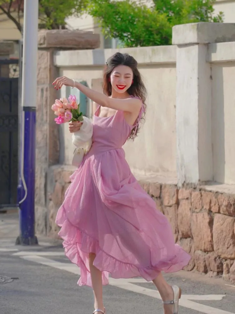 

Женское винтажное платье миди на бретельках, розовое праздничное платье с открытой спиной и асимметричными оборками, элегантное праздничное платье во французском стиле, лето 2023