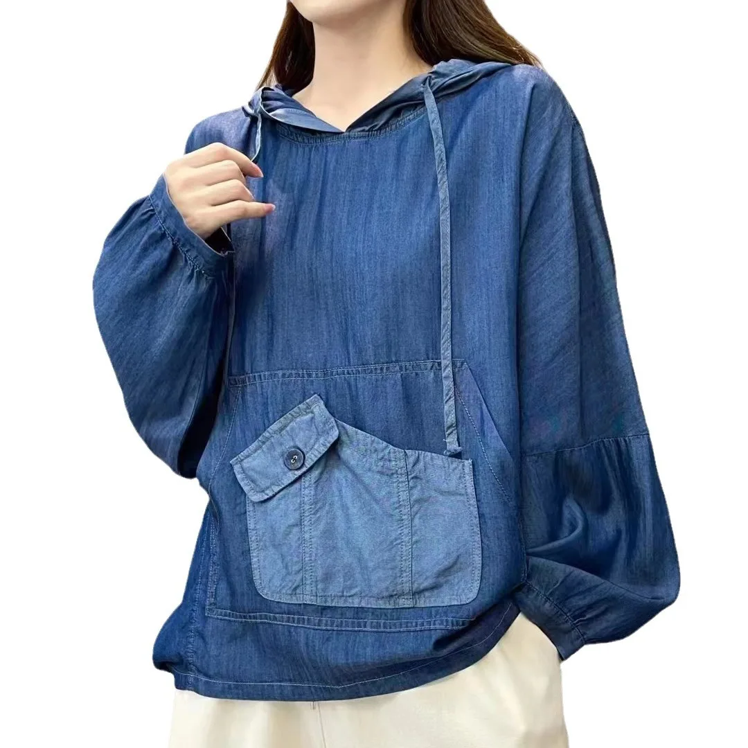New Spring Oversized Fashion Denim Hoodies Womens Vintage Hooded Classic Loose Sweatshirts Ladies Harajuku Casual Korean Clothes