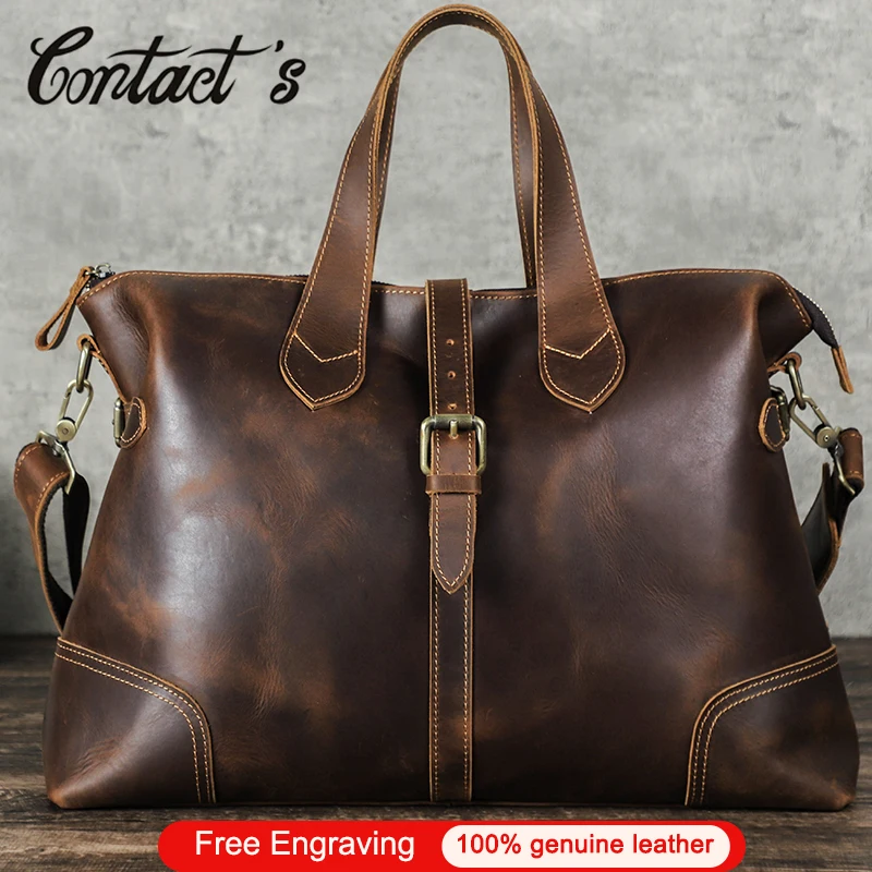 Contact\'s Men Crazy Horse Leather Travel Bag Multifunctional Business Casual Luggage Bag Large Capacity Vintage Tote Handbags