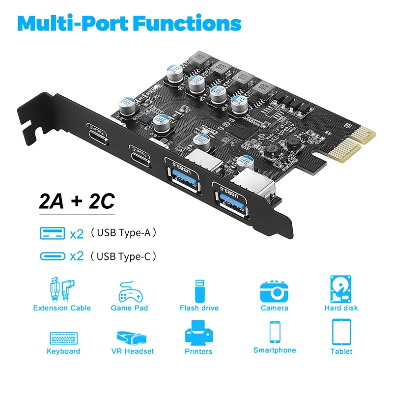 

Плата расширения PCI Express, 2 порта USBA/ USBC, 5 Гбит/с, USB3.2 Gen1 USB3.0 PCIE, плата расширения, адаптер для Windows/MacOS/Linux