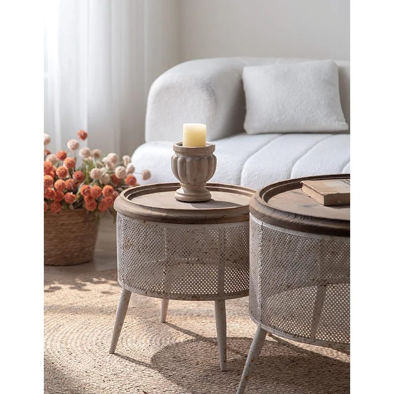 Rustic Round Coffee Table Set, Pine Wood Top with Cut-Out Iron, Space-Saving Design for Small Apartments