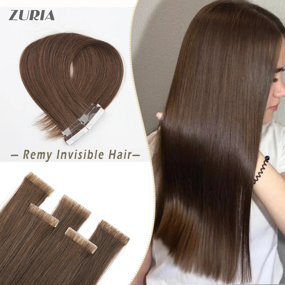 ZURIA Tape in Human Hair Extensions Straight PU Skin Weft Real Natural Glue Hair 16"20"22" 100% Hand Tied Remy Tape Wig