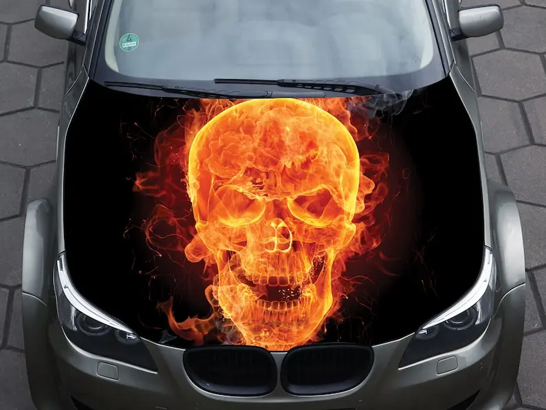 

Car hood wrap decal, vinyl, sticker, graphic, truck decal, truck graphic, bonnet wrap decal, skull, f150, fire, flame, smoke,