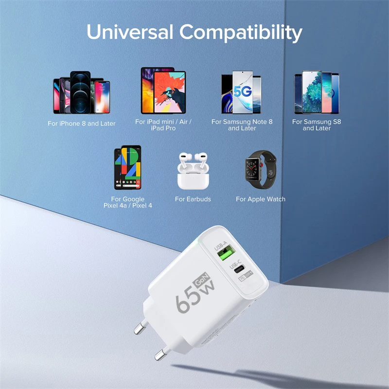 Power Adapter 65W GaN Charger USB Type C Fast Charging Mobile Phone Adapter iPhone 14 Samsung Huawei Quick Charge 3.0 Wall USB PD Charger