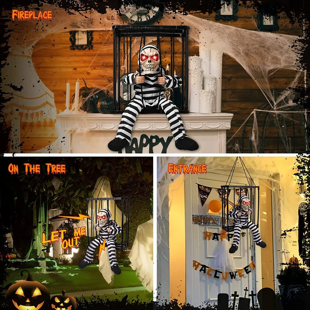 Decorazione Di Halloween Spaventoso Talking Skeleton Prigioniero Animatronic Prank Con Suono Luminoso Home Motion Light Sensor Puntelli Di Halloween