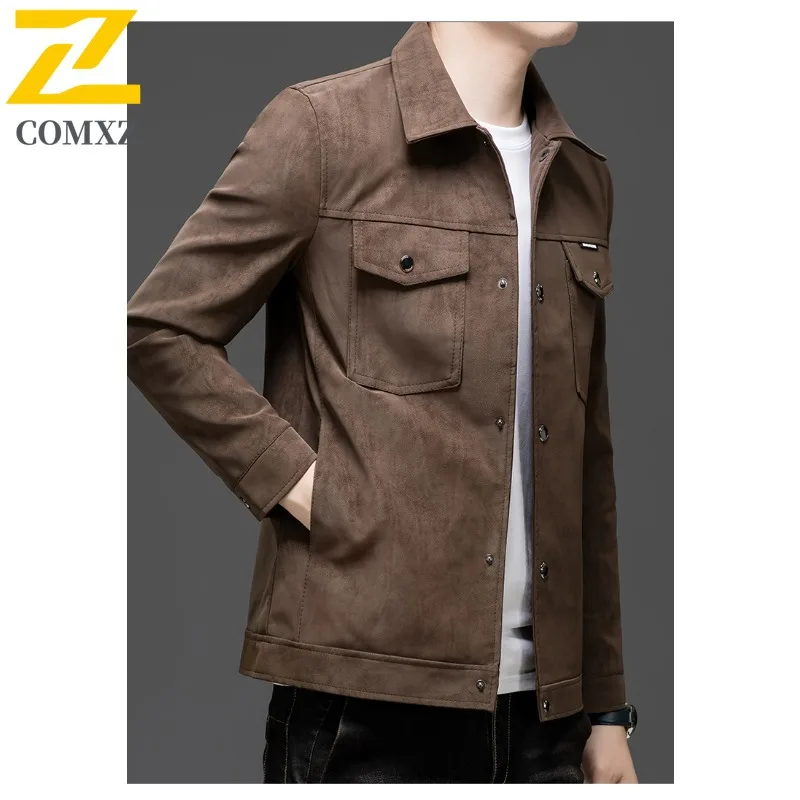 Spring Autumn Men's Suede Work Jacket Waterproof Windproof Lapel Coat Trendy Loose Fit Casual Top Versatile Streetwear New 2025