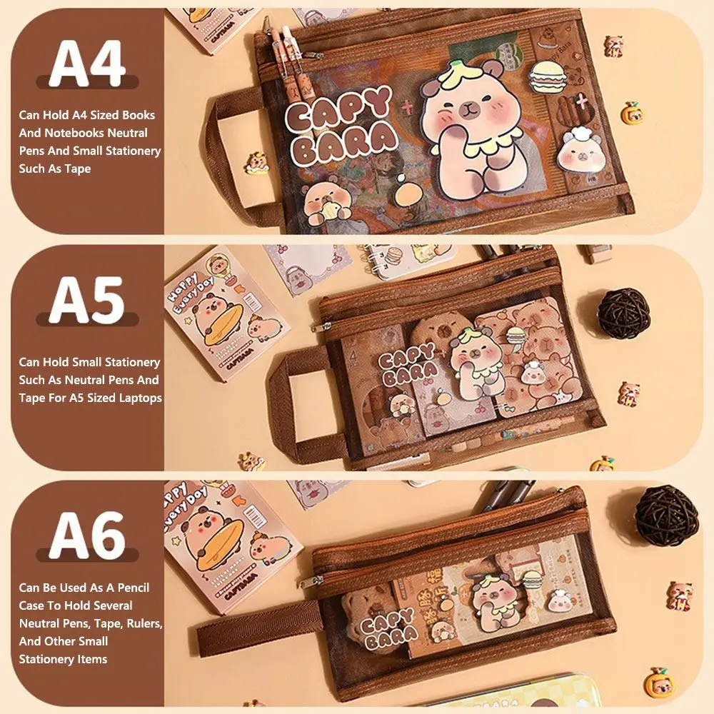 High Quality Mesh Capybara Bag A4/A5/A6 Double Layer Mesh Storage Bag Portable Dark Brown File Bag Back To School