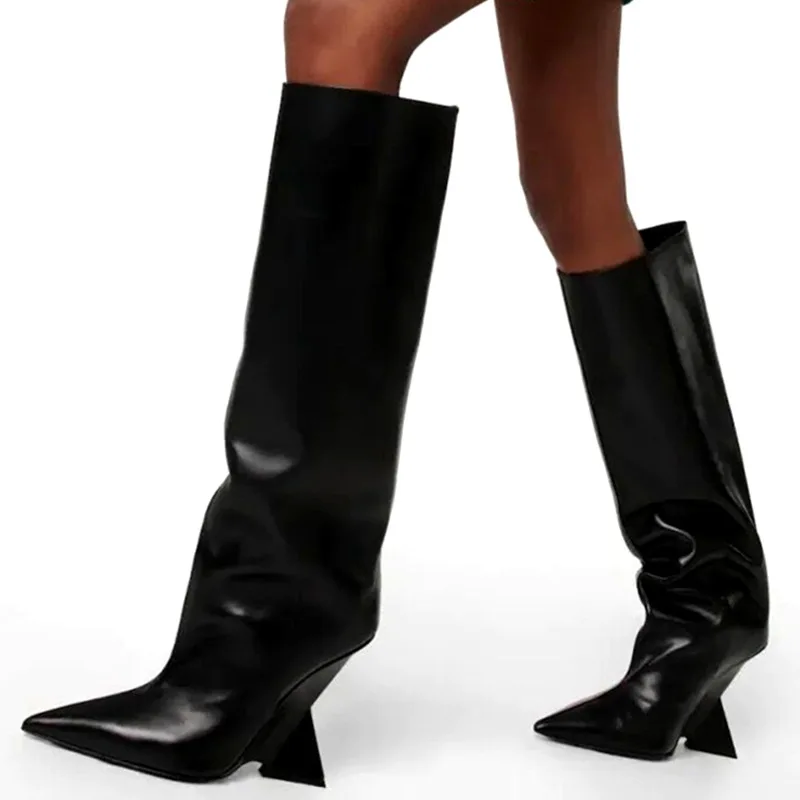 

2023 Autumn New Knee High Boots Pointed Toe Shaped heel Classic Solid Color High Heel Women Fashion Pants Boots Banquet Boots 43