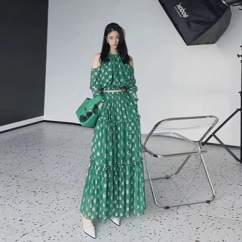 

Shpmishal Green Off Shoulder Sling Top Half Length Skirt Sets 2024 Spring New Alphabet Print Two Piece Set Female Clothing