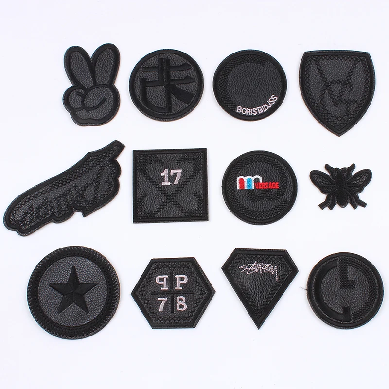 수 놓은 검은 PU 가죽 배지 완장 스티커에 철 DIY 청바지 코트 가방 신발 바지 Appliqued 바느질 패치 액세서리