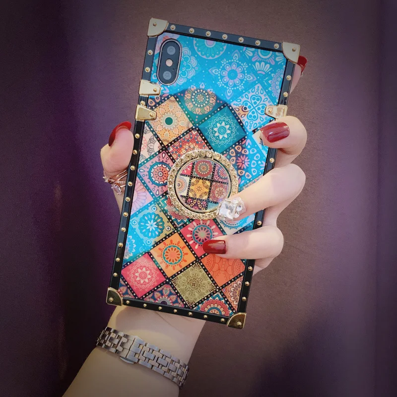 

Luxury 3D Bracket Ring Blu-ray Square Silicone Phone Case For iPhone X XR XS MAX 7 8 Plus SE3 iPhone 14 13 12 11 Pro Max Cover