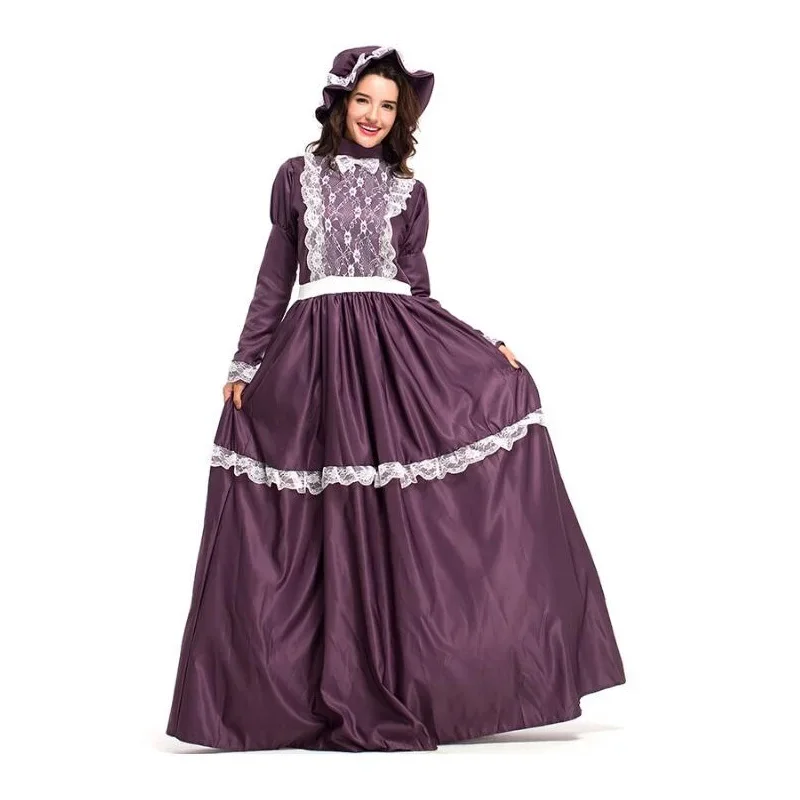 

Female Medieval Long Dress Women Renaissance Princess Queen Cosplay Costume Velvet Court Maid Halloween Purple Costume With Hat