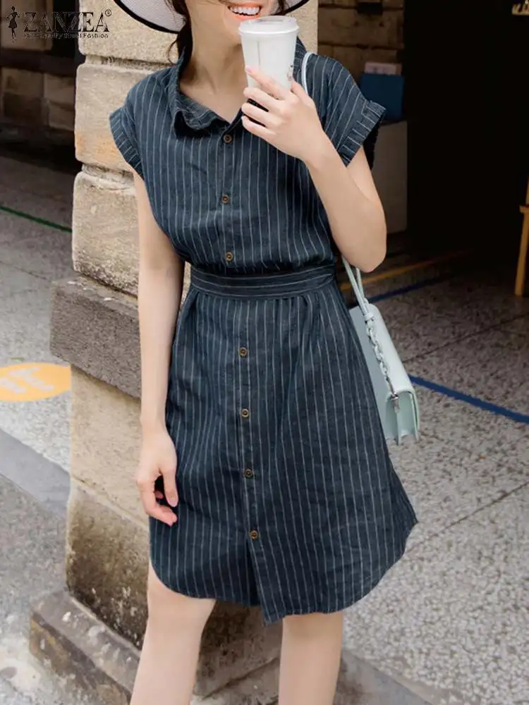 

2023 ZANZEA Summer Lapel Neck Short Sleeve Stripe Sundress Stylish Women Shirt Dress Casual Work OL Knee-length Vestido Belted