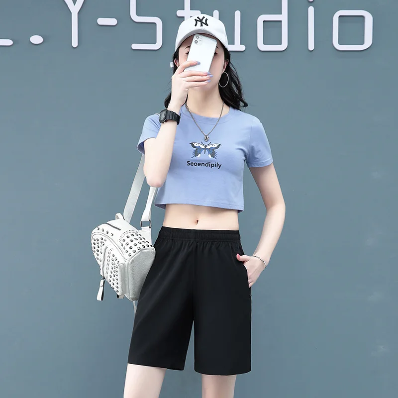 New Female Summer Thin Quick Dry Straight Shorts For Women'S Versatile Loose Relaxed Elastic Waist Running Shorts Pants