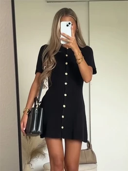Trendix Elegant Knit Mini Dress Women Street Slim High Waist Short Sleeve Rib Sweater Dresses Vacation Bodycon Knitwear Dress 2