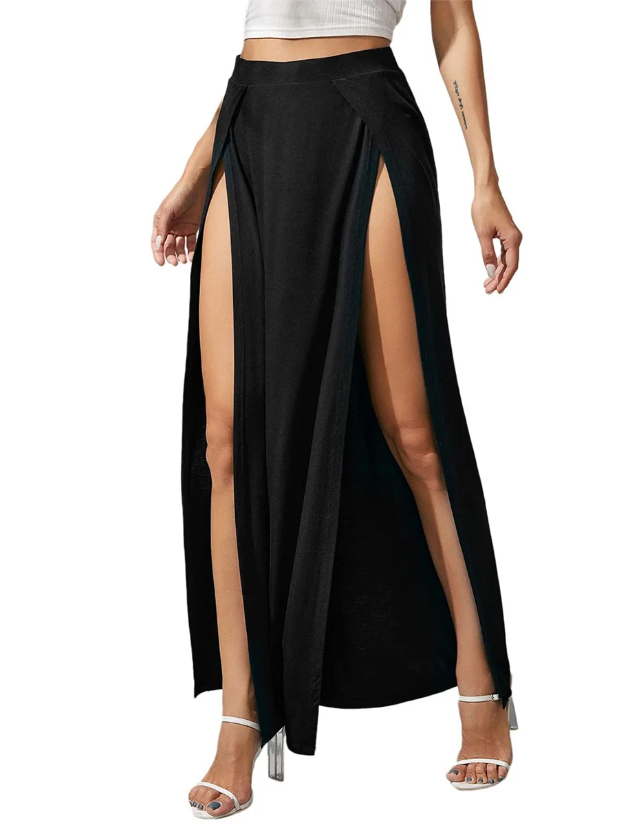 Women s Flowy Elastic Waist Maxi Skirt Solid Color Side Slit Loose Fit Moisture-Wicking Long Beach Skirt with Pockets