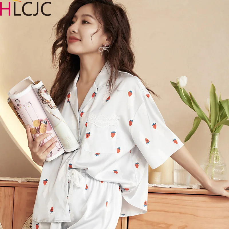 

2022 Summer Pijamas Women Set 2 Pieces Short Pajamas for Girls Lace Strawberry Print Sleepwear Lounge Wear Satin Silk Home Wear
