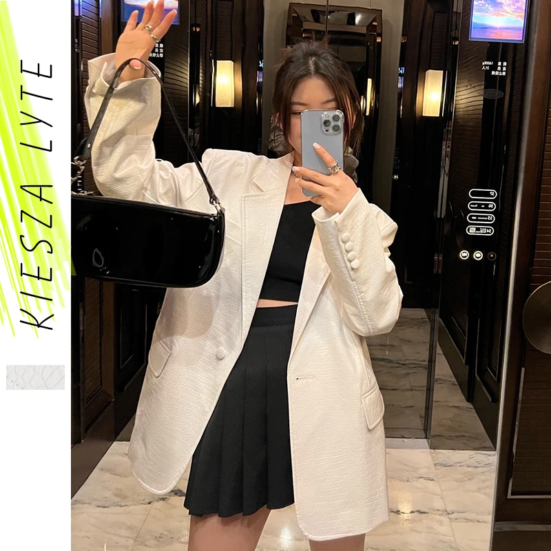 

Spring Autumn New Jacket Ladies Solid White Crocodile PU Leather Women's Soft Suit Casual Jackets Outwear