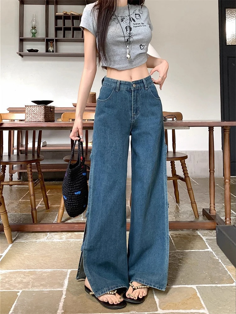 프랑스어 레트로 여름 블루 우아한 높은 허리 휴가 긴 바지 여성 다목적 속이 빈 스플릿 청바지 바지 streetwear 세련된