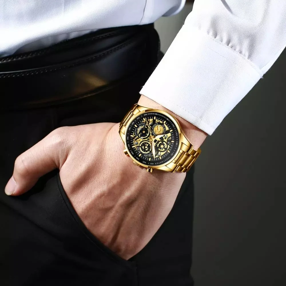 NIBOSI Men Watch Top Brand Gold Skeleton Quartz Mens Watches Full Steel Waterproof Chronograph Wristwatch Men Relogio Masculino