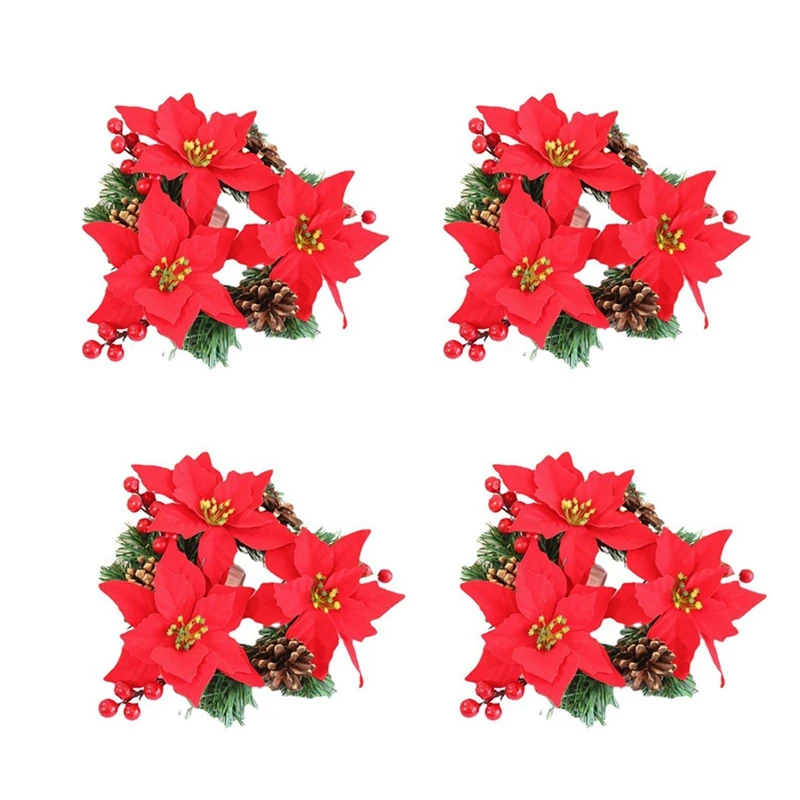 

4PCS Christmas Flower Garland Pine Needle Pine Cone Christmas Ring Candle Ornament Decorative Berry Ring Candle Holder