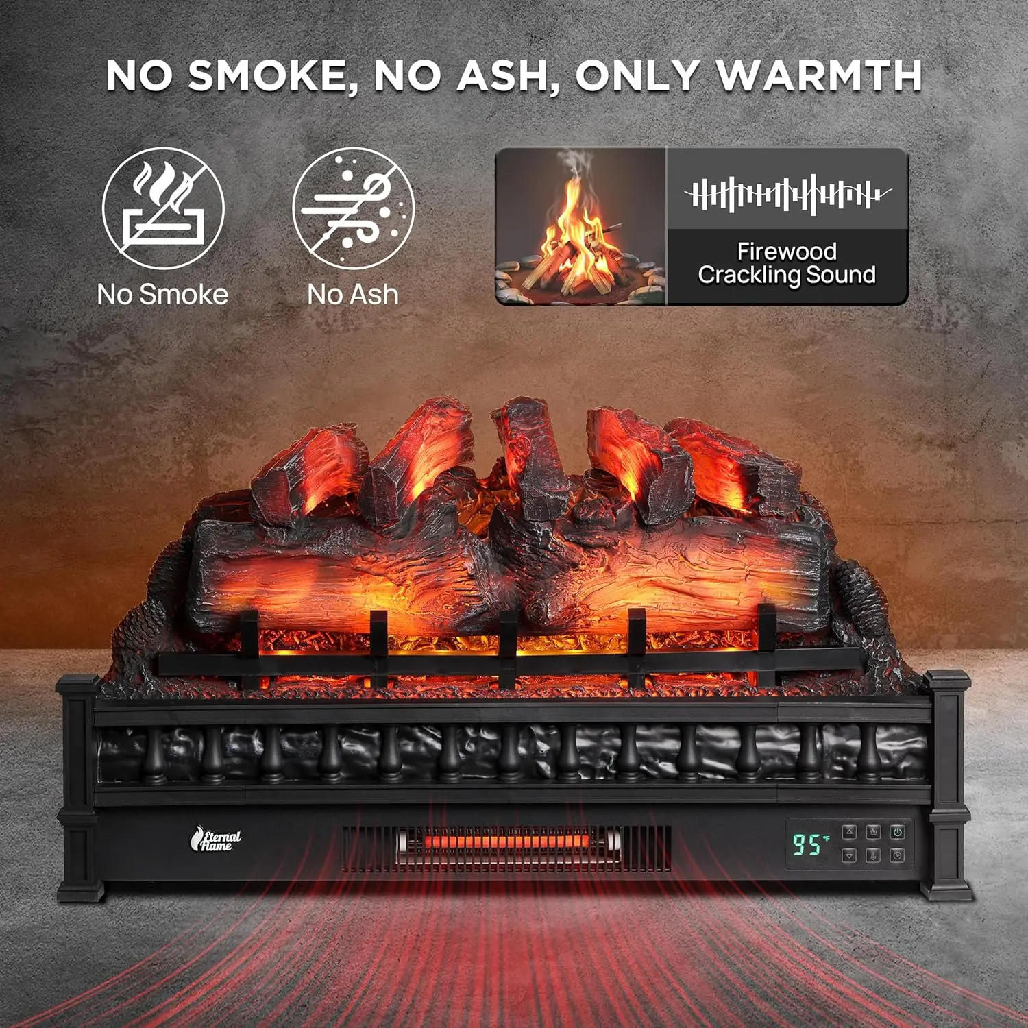 Eternal Flame 30 in. WiFi Infrared Quartz Electric Fireplace Log Heater with Sound Crackling, Realistic Pinewood Logs