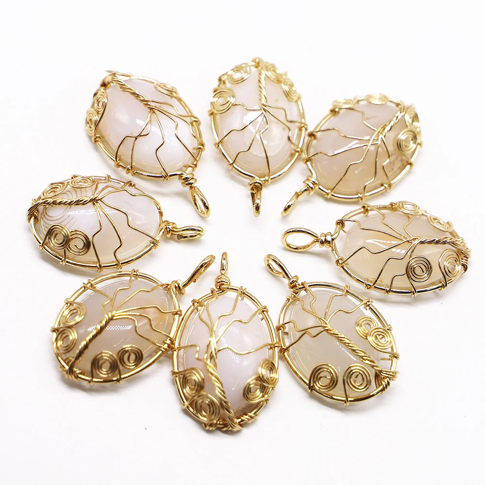 

New Natural Exquisite Fashion Stone Pendant Necklace Gold Color Tree of Life Wire Wrap Shape Reiki Agate Jewelry Wholesale 5Pcs