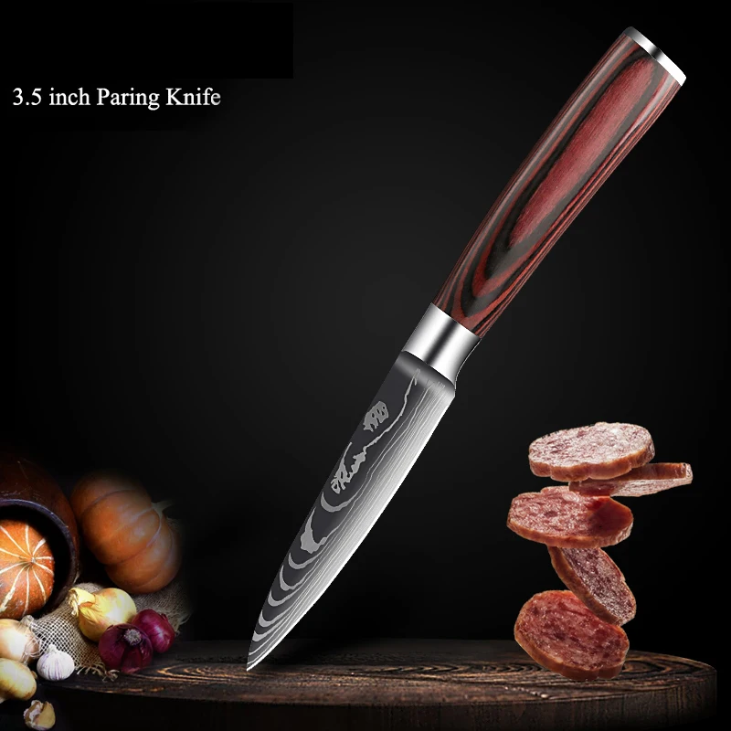 Chef Knife Set 7CR17MOV Stainless Steel Laser Damascus Pattern Japanese Kitchen Cleaver Utility Slicing Santoku Knife with Cover 