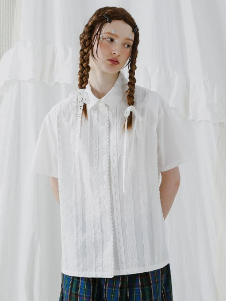 

Original Niche Design Women's White Blouse Lace Embroidery 2023 Summer New Loose Cotton Shirt Tops Juvenil Casual Cyber Y2k