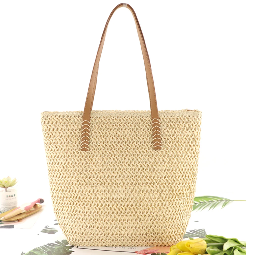 Torby damskie letnie tkane ręcznie w jednolitym kolorze, torba na plażę, duża pojemność, uchwyt u góry, markowe torebki designerskie_voghion.com