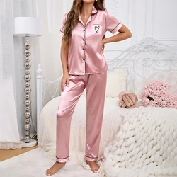 Women's Satin Short Sleeve Pajama Set - Button - Down Top & Pants Lounge Wear - S (Pink Black Heart)
