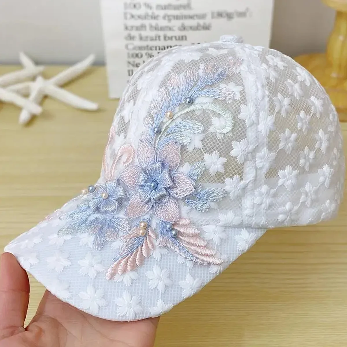 Unisex-Baseballkappen mit Spitzenblumen-Stickerei, atmungsaktiv, verstellbar, lässige Hüte, Frühling und Sommer, Sonnenschutzhut für den Außenbereich – Detail 5