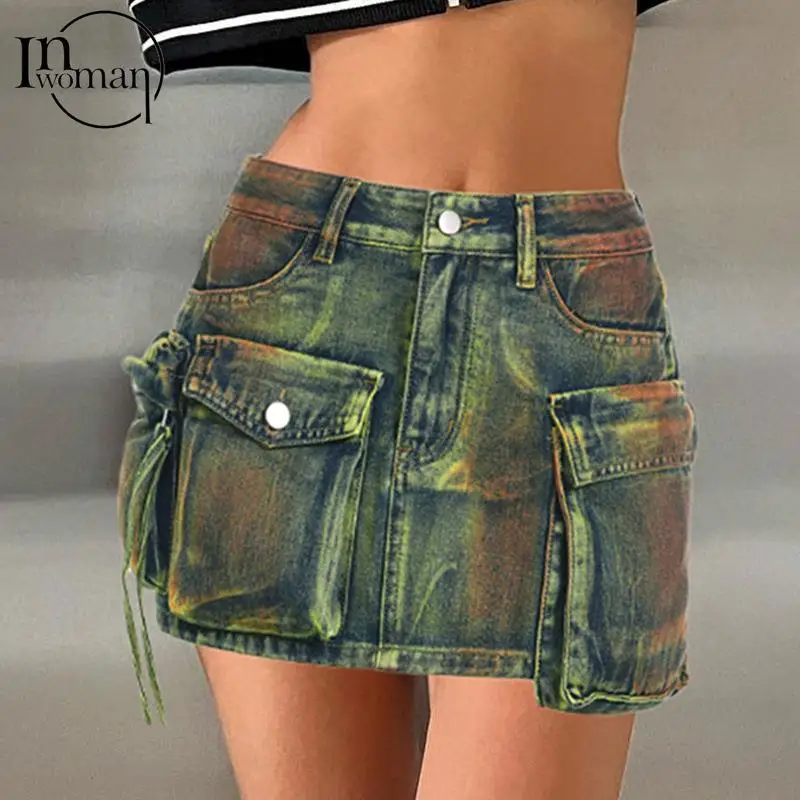 

Inwomen Sexy Blue Denim Botton Fly Pocket Mini Skirt Club Outfits For Women 2023 Summer Colours High Waist Jean New Short Skirt