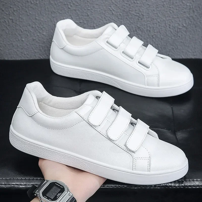 White Shoes Men Pu Leather Casual Shoes for Men Hook & Loop Loafers Fashion Skateboard Shoe Flat Male Sneakers Tenis Para Hombre 2
