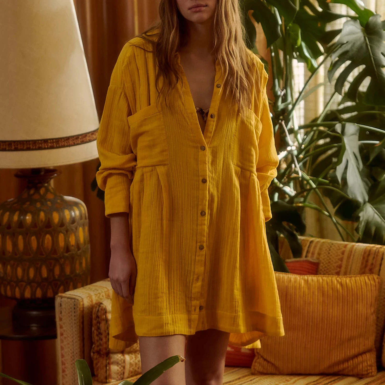 

Women's Casual Long Shirt Autumn Fashion Long Sleeve Solid Color Lapel Button Up Loose Shirt Dress