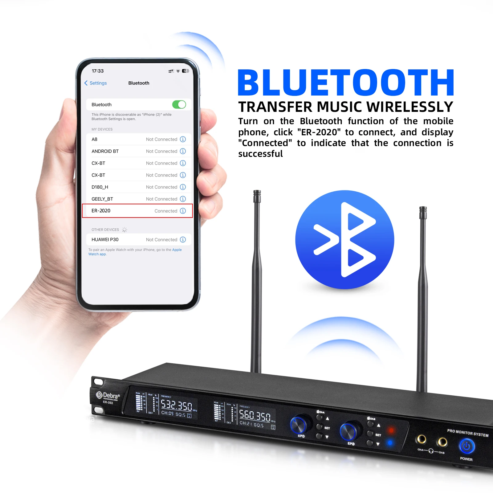 Debra ER-202 Professional Stereo Wireless In-Ear Monitor System, UHF with Bluetooth 5.0 for Stage, Concerts, Recording Studios