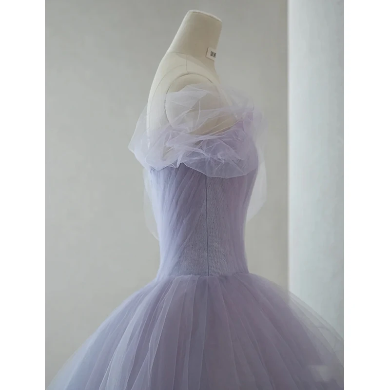 Lilac Purple Evening Dresses Floral Appliques Asymmetrical Princess Dress Off Shoulder Ball Gown Zip Up Engagement فستان سهرة