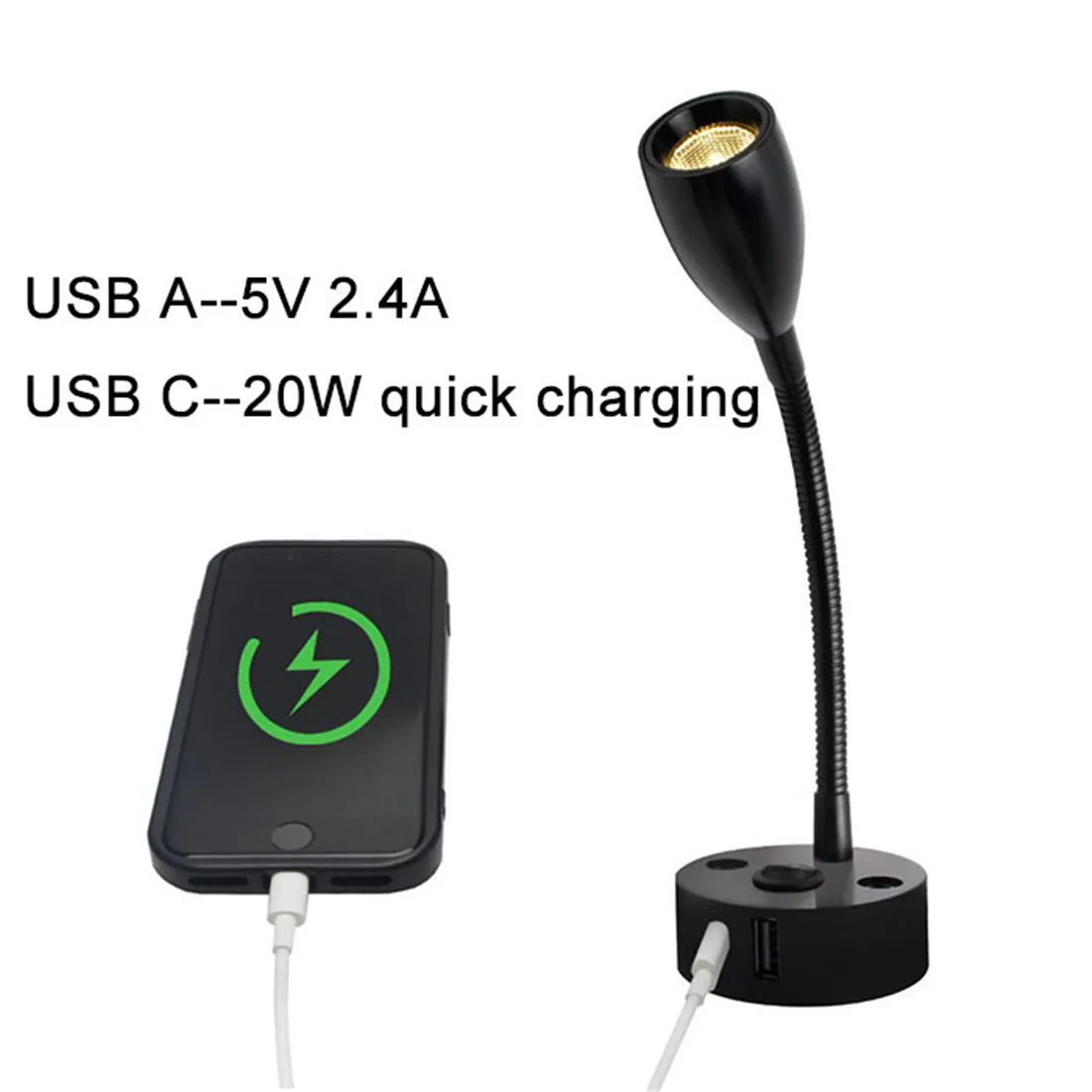 Gooseneck 12V RV Reading Light with USB Type C Quick Charger Flexible 24 Volt Light for Boat Camper Van Trailer Interior Lights 3
