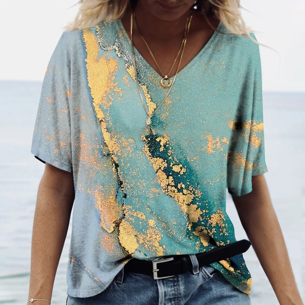 

2022 Summer New Women's Comfortable Casual Short sleeved T-shirt with Gold Gradient Print Sexy V-neck Street Fashion Loose Top