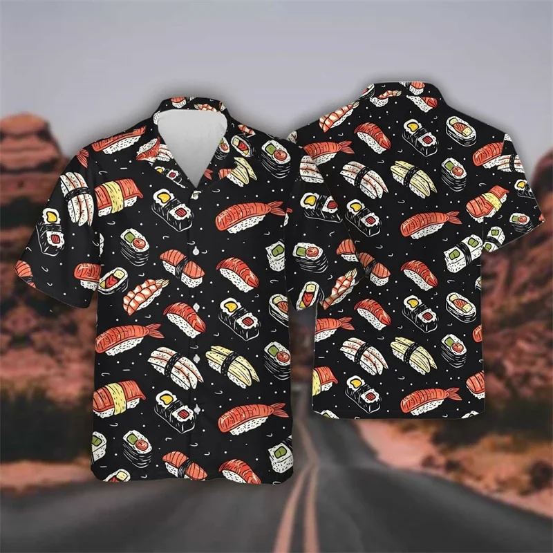 Hawaiian Delicious Fast Food Bento Sushi Shrimp Graphics Women's Beach Shirt Hip Hop Rice Ball Lapel Shirt Men's Top Shirt 3
