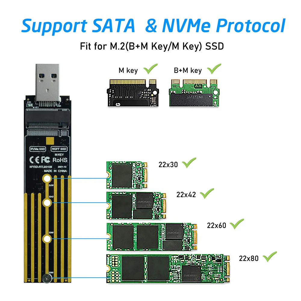 듀얼 프로토콜 M.2 to USB 3.2 GEN2 SSD 어댑터 RTL9210B 칩 M2 NVME PCI-E / M2 SATA SSD 컨버터 (2230-2280 M2 NVME/SATA SSD 지원)
