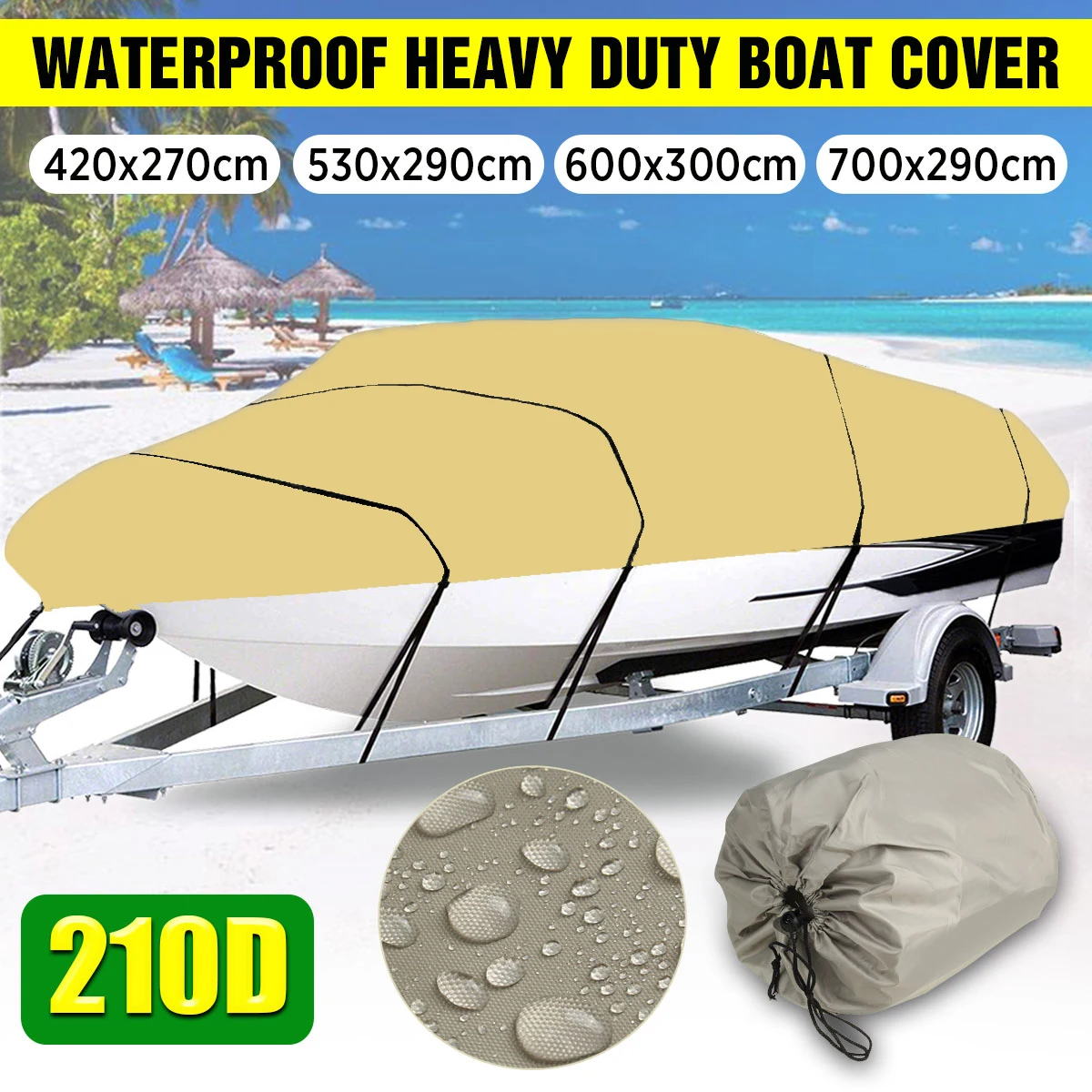 210D 11-22FT Heavy Duty Boat Cover For Fish Ski Bass V-Hull Runabouts Waterproof