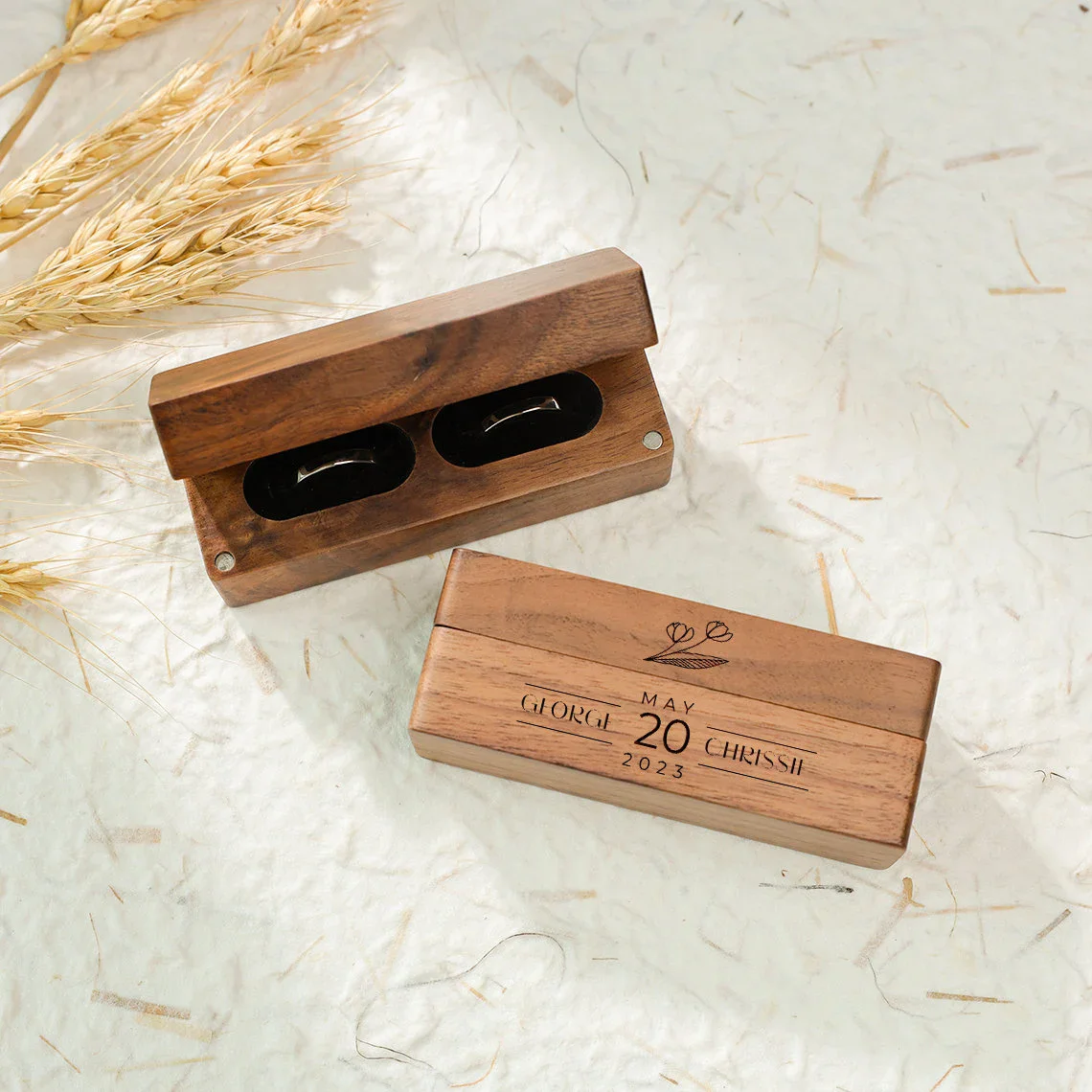 Personalized Rustic Wooden Double Ring Box for Weddings and Engagements
