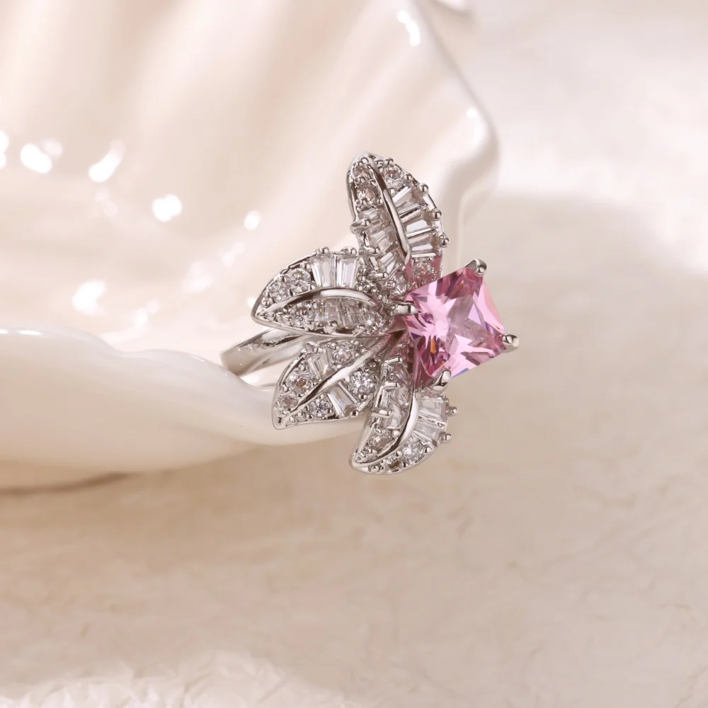 Pink Zircon Flower Rings For Women