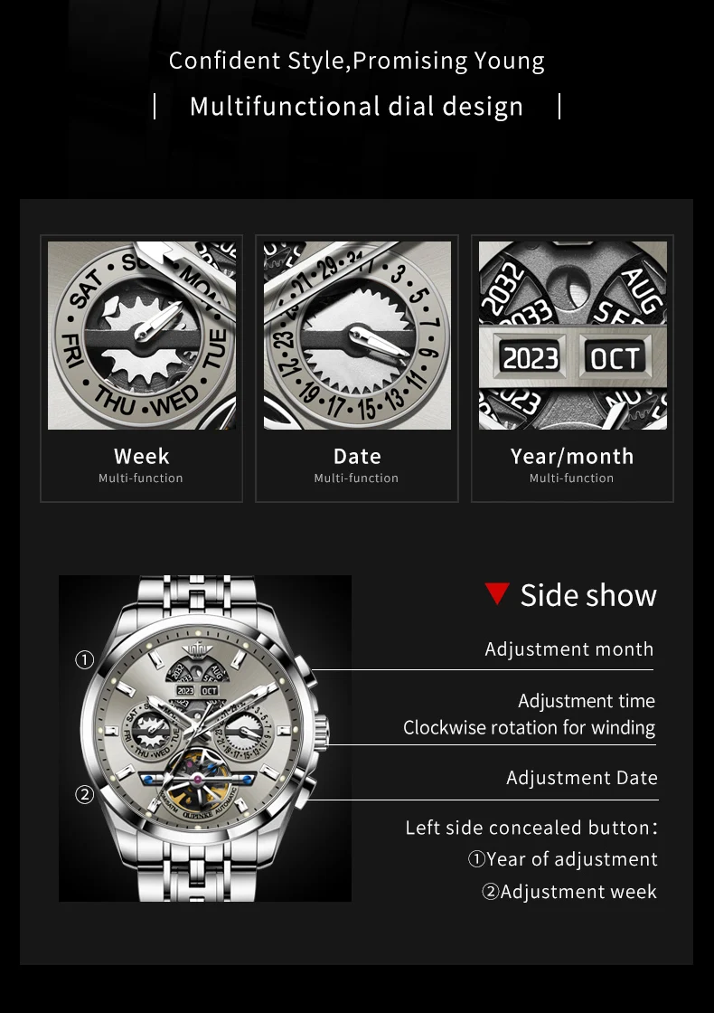 OUPINKE Automatic Watch Skeleton Stainless steel Wristwatch Calendar Week Multifunctional Waterproof Sapphire Mirror Men's Watch