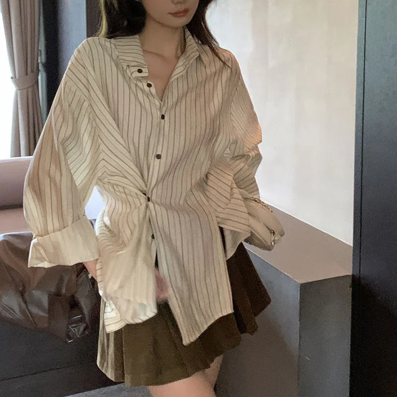 

QWEEK Vintage Stripe Shirt Asymmetrical Women Tops and Blouse Chic Chiffon Korean Style Long Sleeve Tunic Spring Ladies Clothes